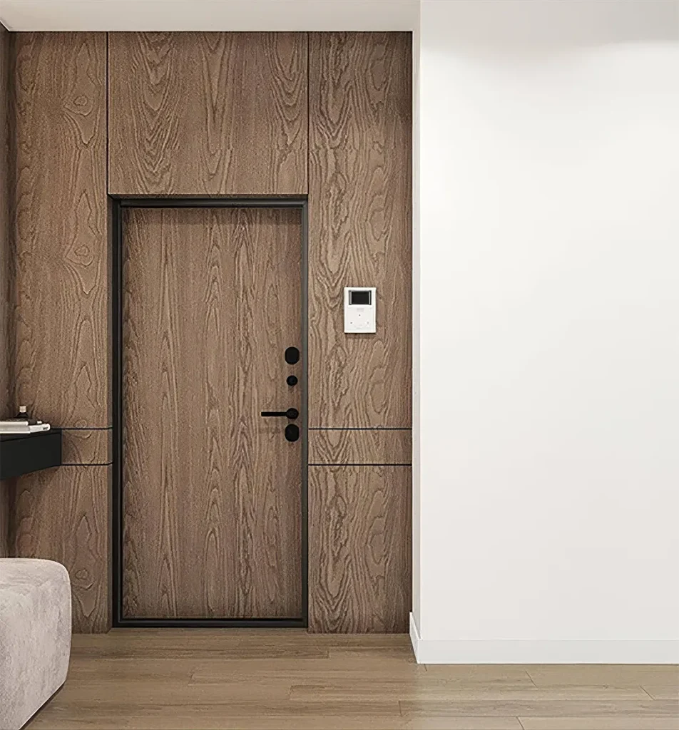 Gri mat kapı yüzeyi, aydınlatmalı koridor hattında temiz bir görünüm verir; sınıf ve montaj detayı projeye göre belirlenir.