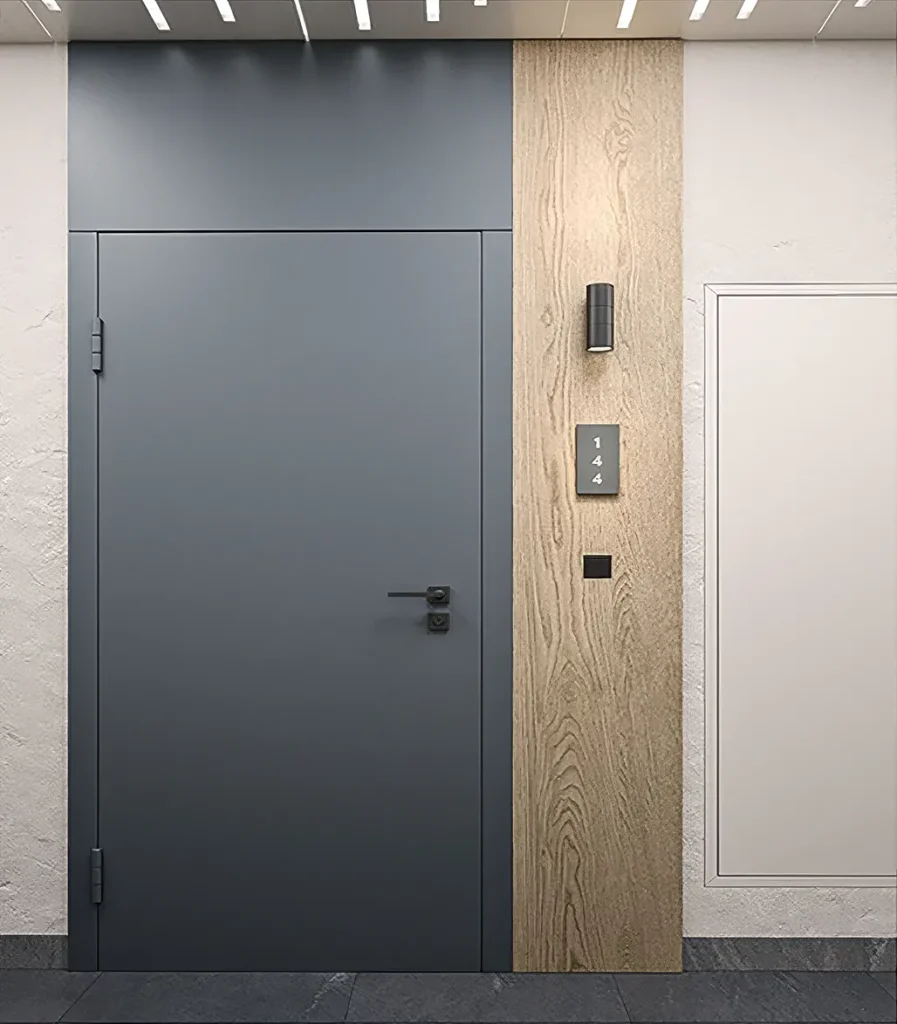 Gri mat kapı yüzeyi, aydınlatmalı koridor hattında temiz bir görünüm verir; sınıf ve montaj detayı projeye göre belirlenir.