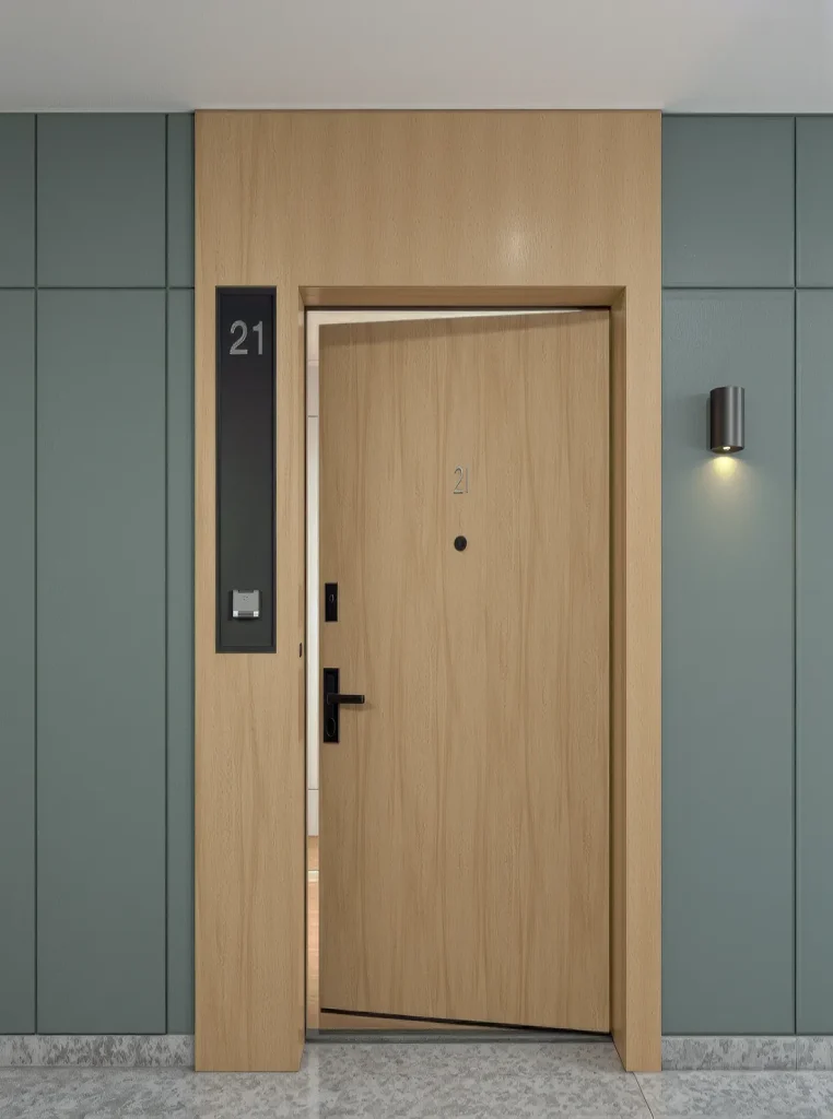 Ahşap görünümlü daire kapısı, numara panosu ve duvar aplikleriyle bütünleşir; ölçü, kasa uyumu ve kapanma ayarı kritik olur.